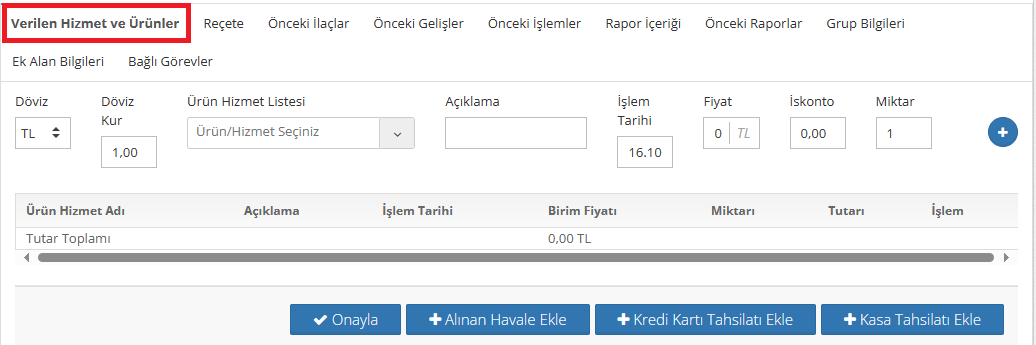 Verilen Hizmet Ekranı